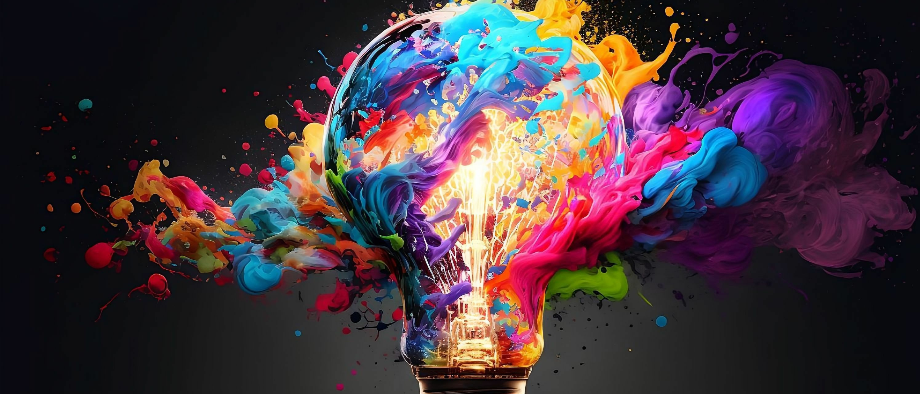 Lightbulb eureka moment with Impactful and inspiring artistic colourful explosion of paint energy